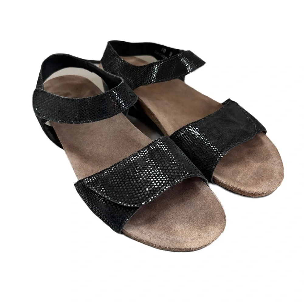 Munro Pisces Boho Black Snakeskin Mini Platform Walking Wedge Strappy Sandal 10N